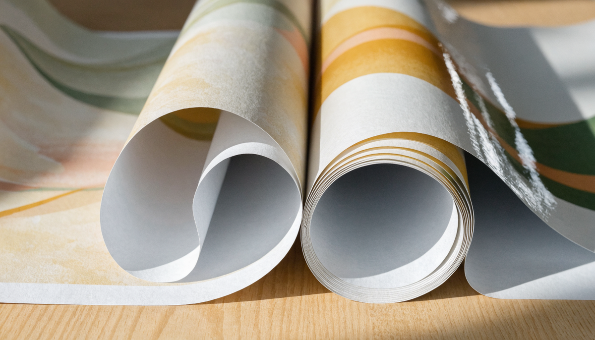 Deux rouleaux de papier peint déroulés côte à côte, envers intissé et surface vinyle Image