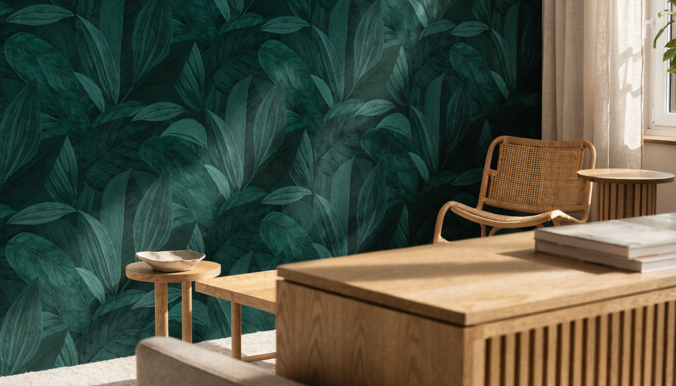 Mur de salon habillé d'un papier peint végétal vert, mobilier bois clair Image