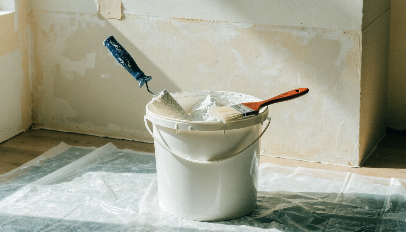 Seau de colle à papier peint et rouleau applicateur posés devant un mur préparé Image
