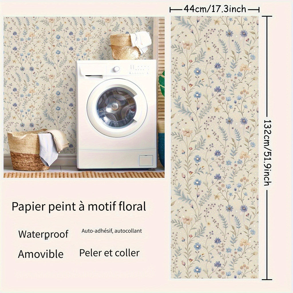Papier peint adhésif semis de bleuets et lavandes sur crème