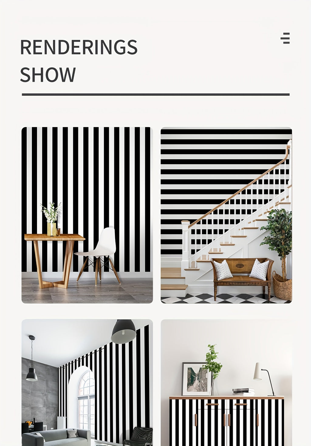 Papier peint noir et blanc, quatre longueurs, deux motifs