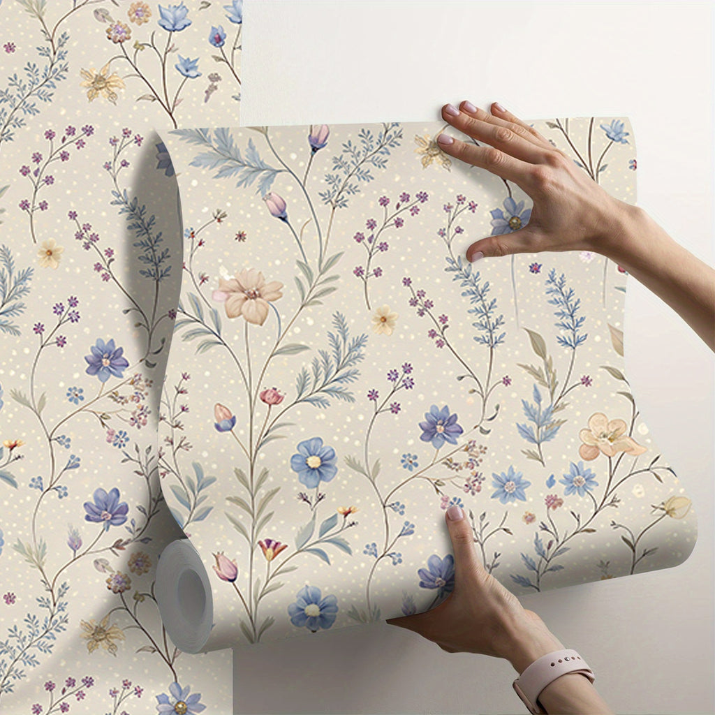 Papier peint adhésif semis de bleuets et lavandes sur crème
