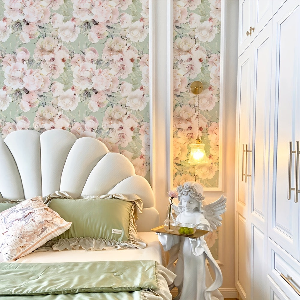 Papier peint adhésif en PVC à motif fleuri hydrofuge pour la chambre amovible, pose en cours