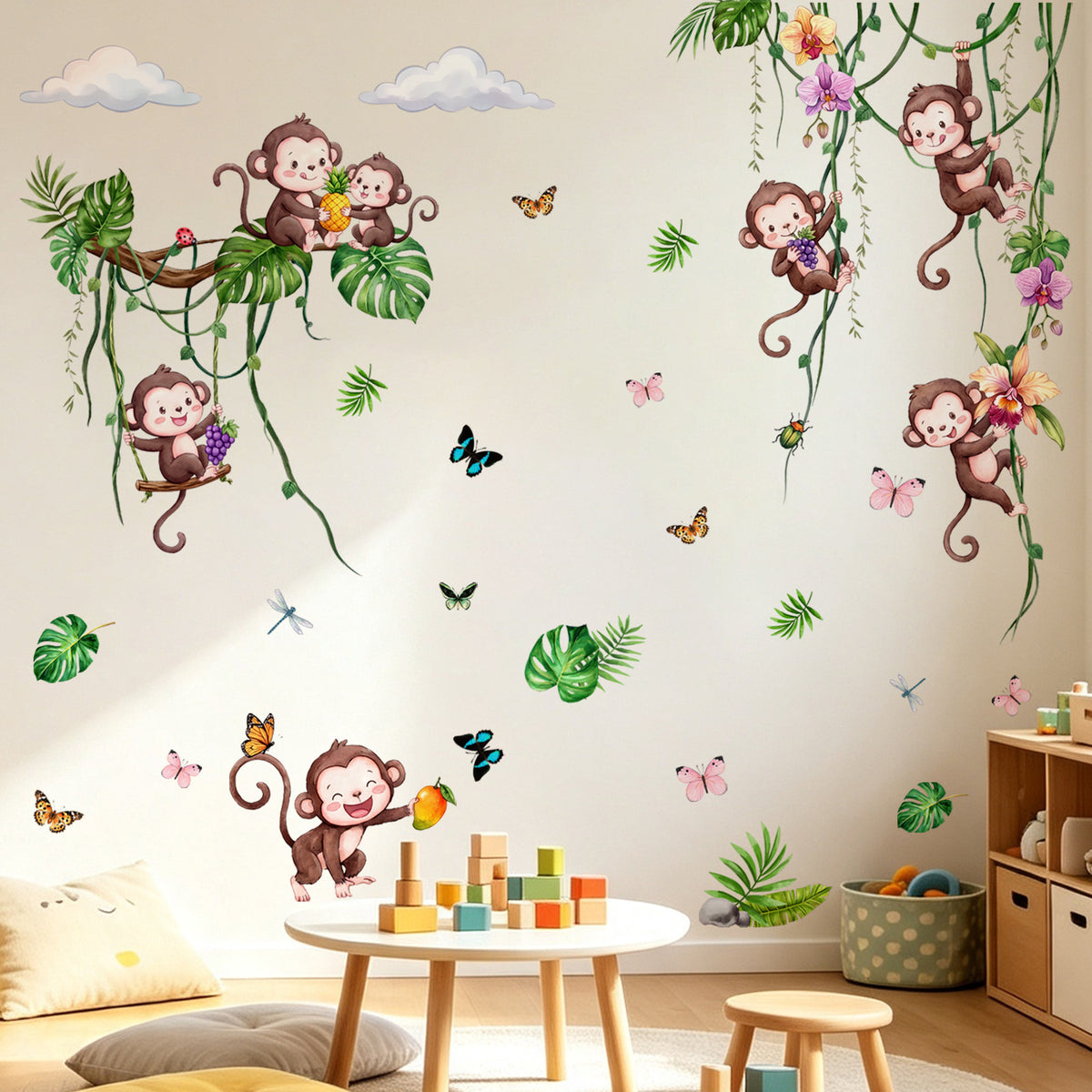 Stickers muraux singes et lianes, trois planches
