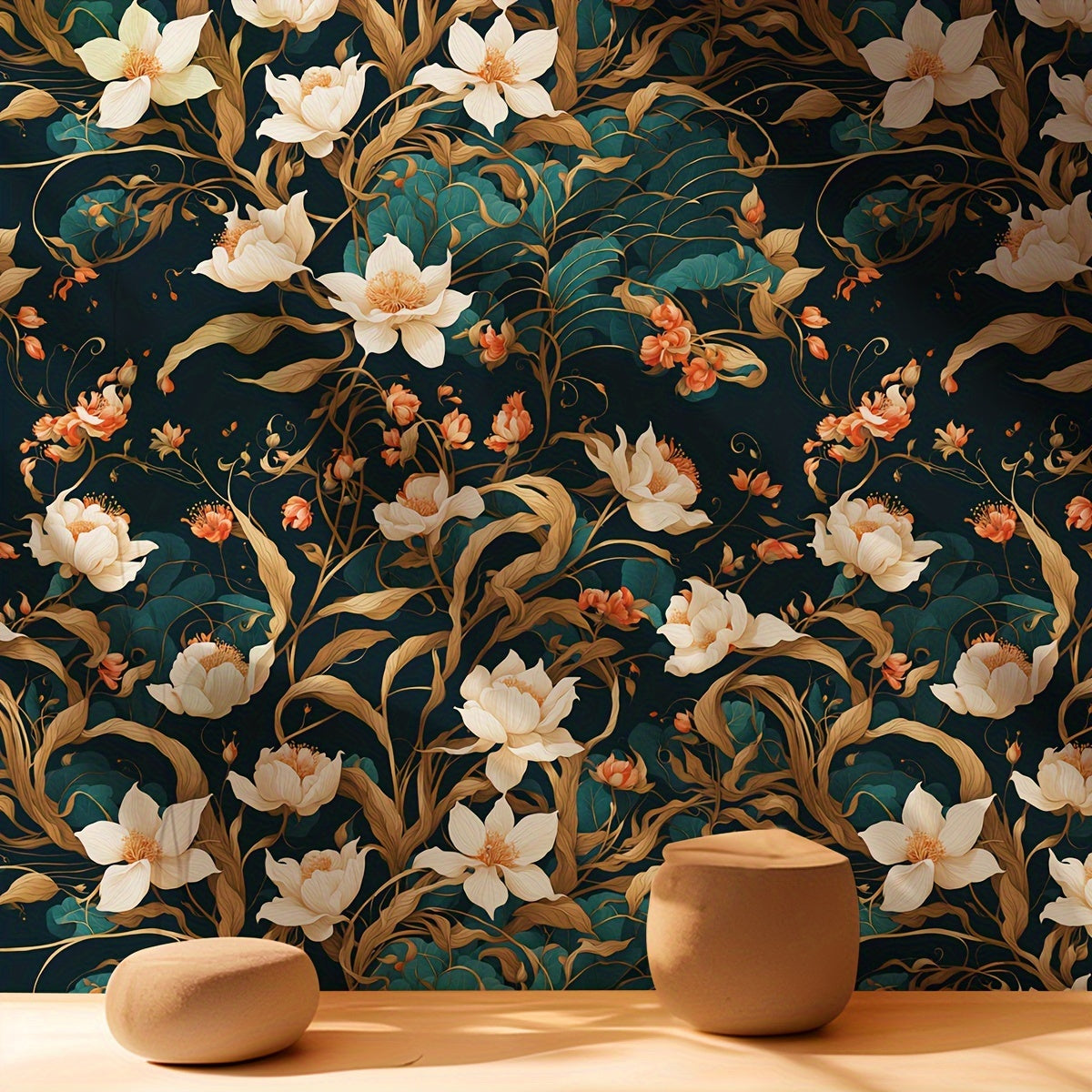 Papier peint adhésif à motif fleuri allure vintage hydrofuge pour la cuisine