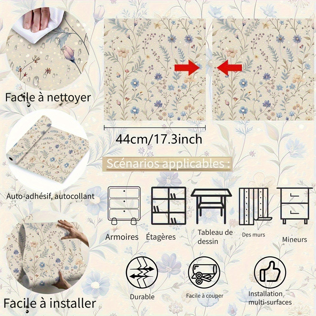 Papier peint adhésif semis de bleuets et lavandes sur crème