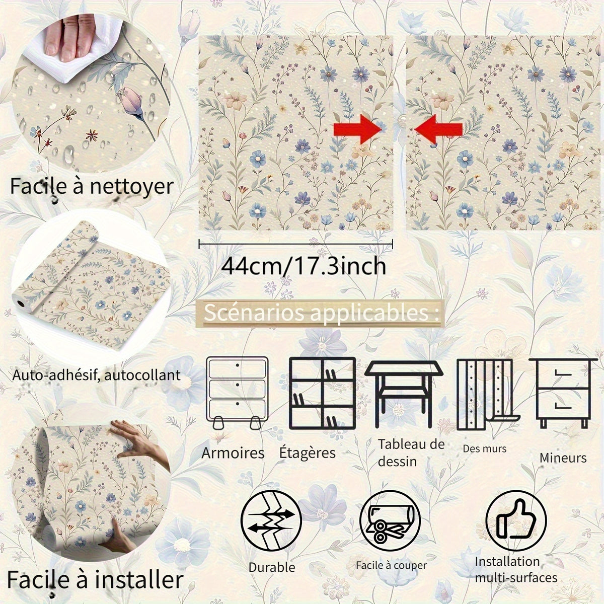 Papier peint adhésif semis de bleuets et lavandes sur crème