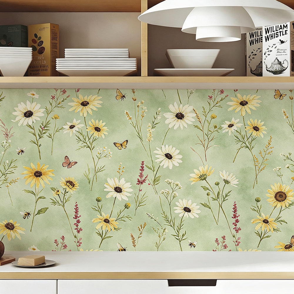 Papier peint adhésif en PVC à motif fleuri ligne contemporaine lavable, gros plan sur la matière