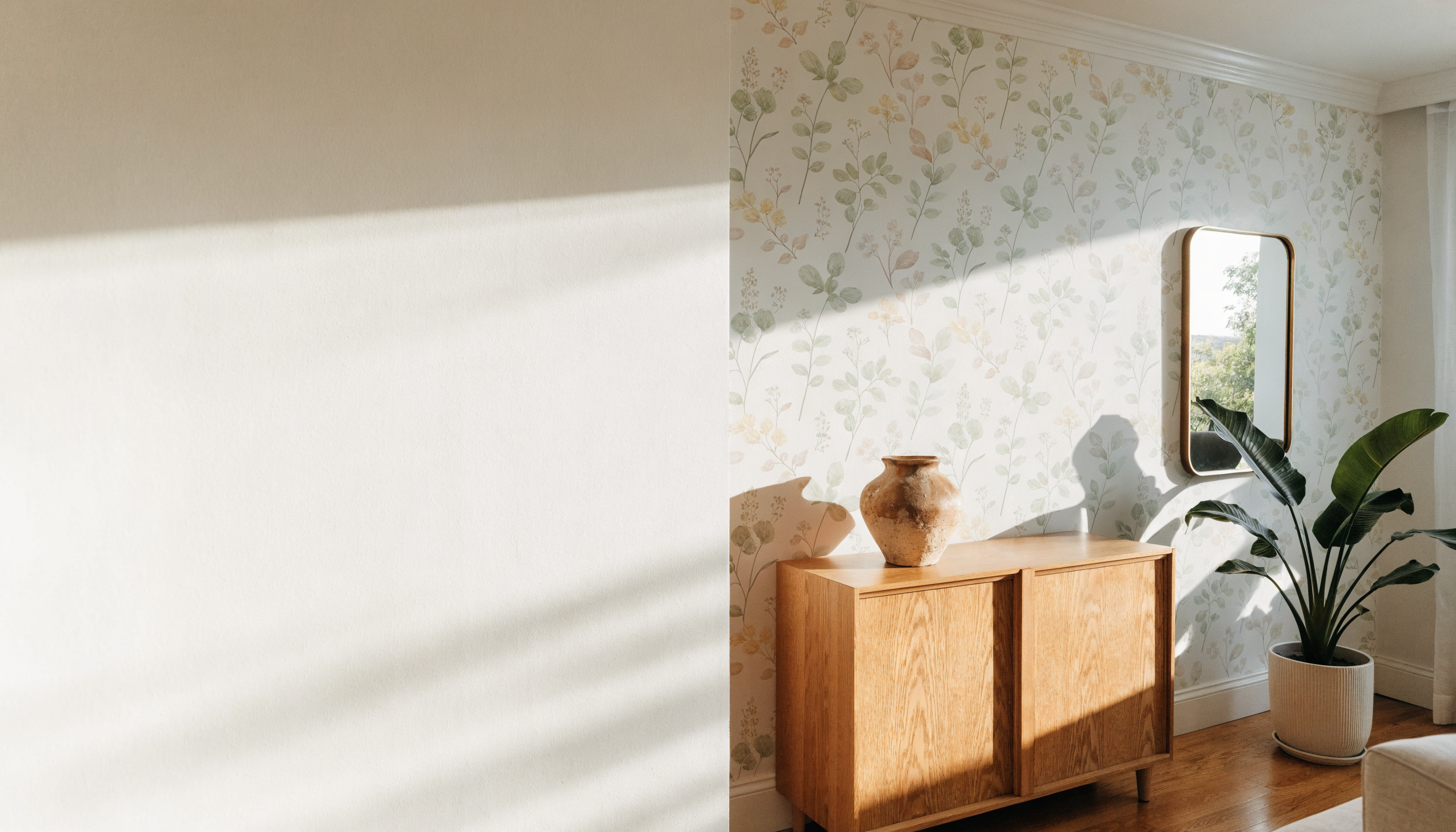 Mur de salon habillé d un papier peint végétal, buffet en chêne clair