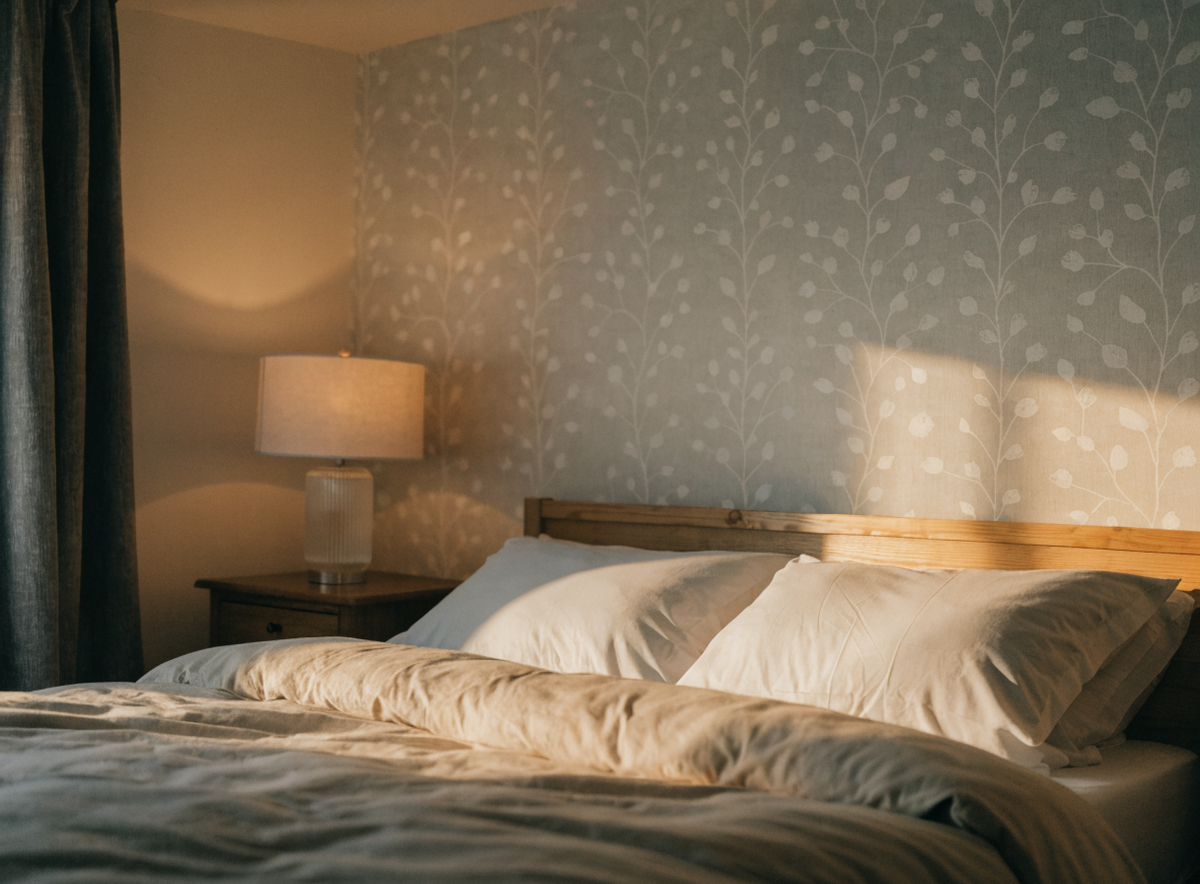 Papier peint posé derrière la tête de lit d une chambre Image