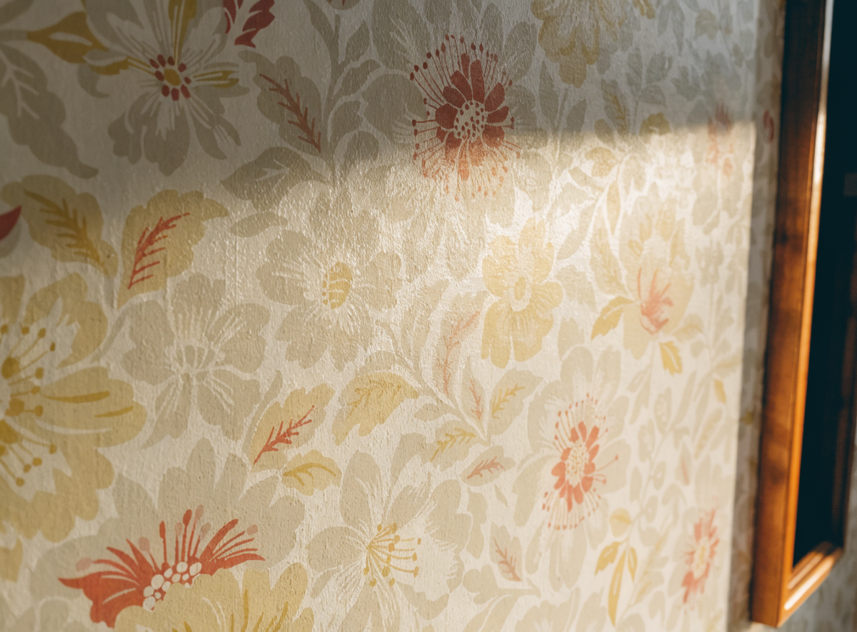 Détail d un papier peint fleuri crème et rouge, texture du papier visible Image