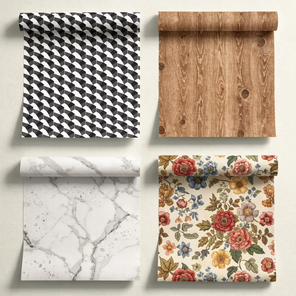 Quatre échantillons de papier peint : géométrique, bois, marbre et fleuri vintage