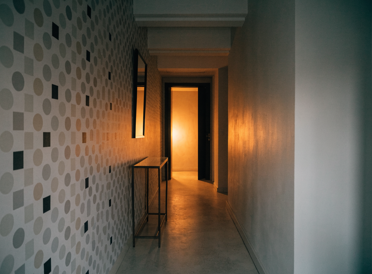 Couloir habillé d un papier peint géométrique avec une console et un miroir Image