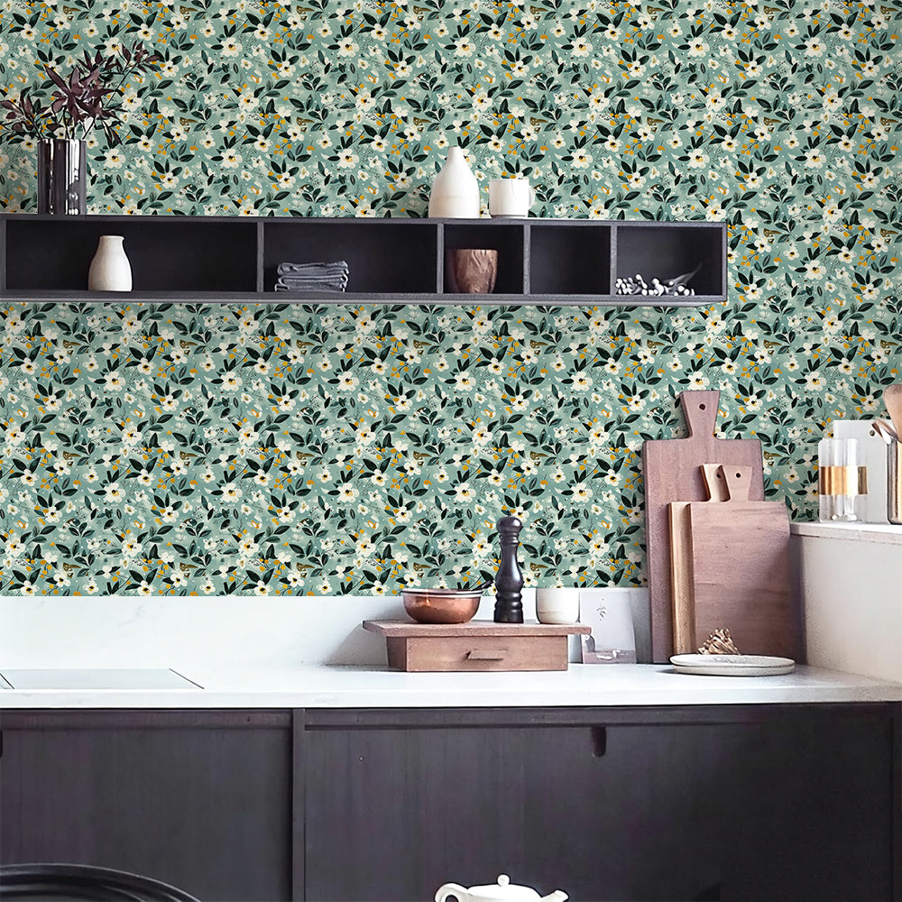 Papier peint adhésif en PVC à motif fleuri pour la cuisine amovible de 1 mm