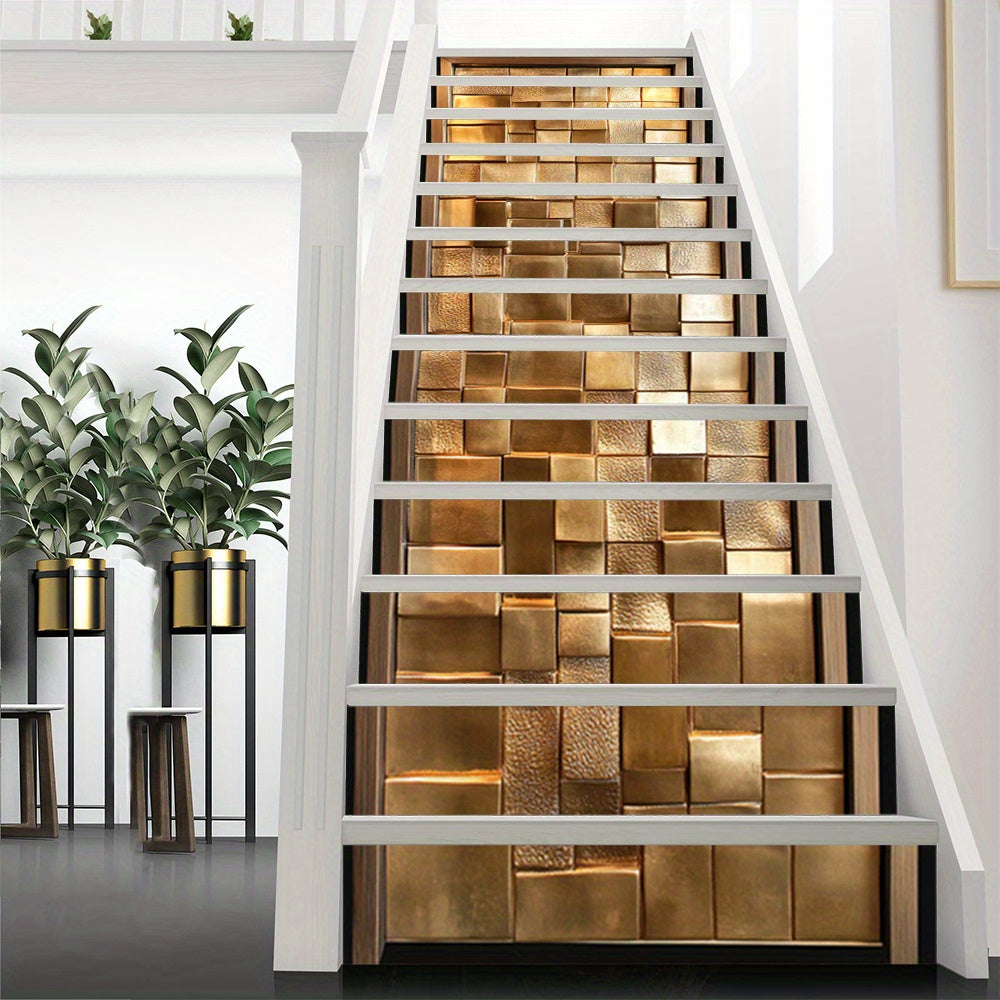 Cubes de laiton doré sur treize contremarches d'escalier