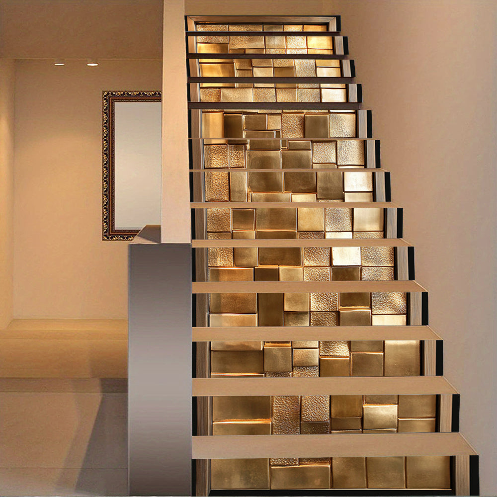 Cubes de laiton doré sur treize contremarches d'escalier