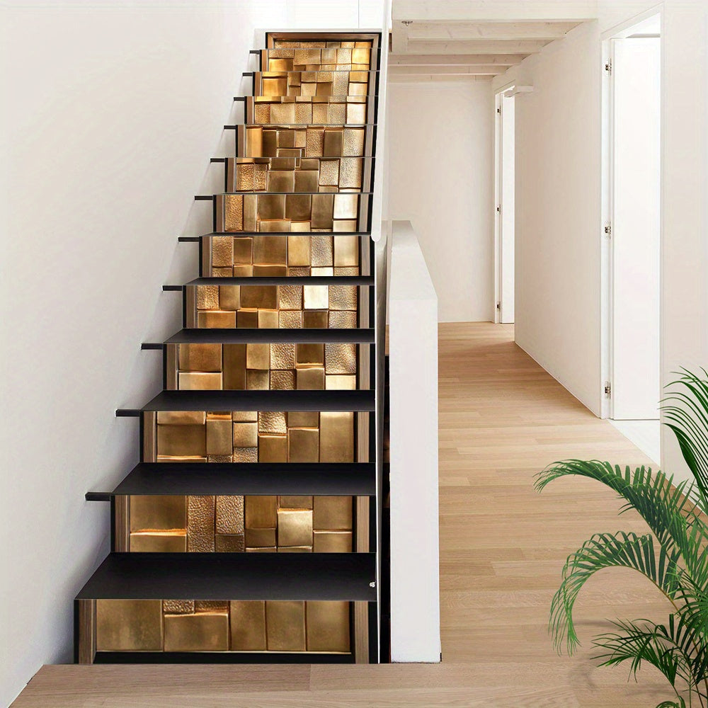 Cubes de laiton doré sur treize contremarches d'escalier