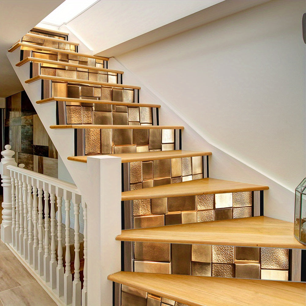 Cubes de laiton doré sur treize contremarches d'escalier