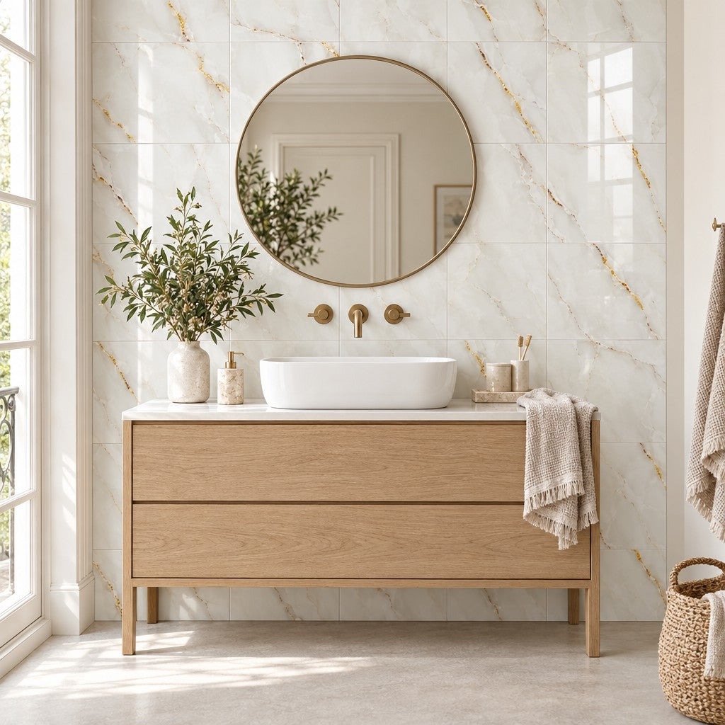 Dalles adhésives 30 × 30 cm coloris Blanc Doré (marbre blanc crème veiné d'or) posées en salle de bain