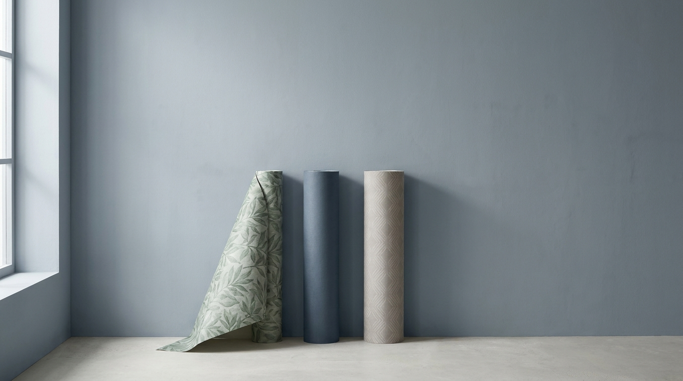 Trois rouleaux de papier peint de largeurs différentes, debout