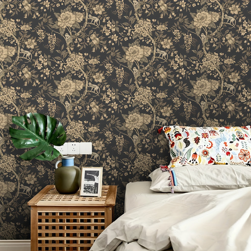 Papier peint adhésif en PVC à motif fleuri allure vintage hydrofuge amovible, gros plan sur la matière