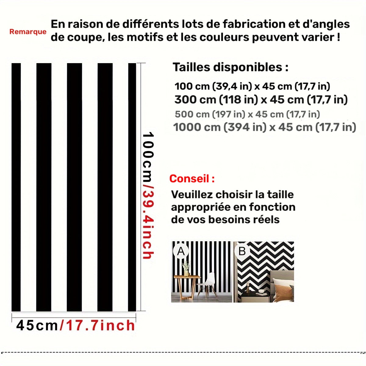 Papier peint noir et blanc, quatre longueurs, deux motifs