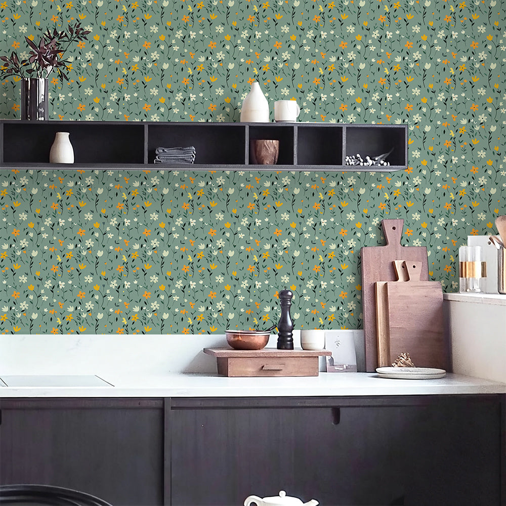 Papier peint adhésif en PVC à motif fleuri lavable pour la cuisine amovible