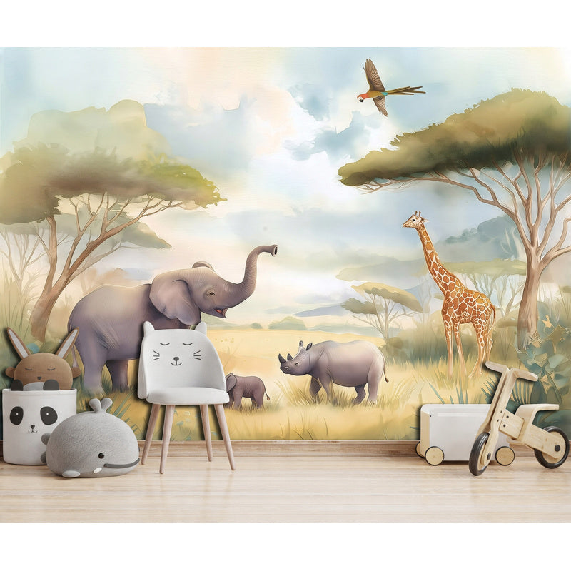 Papier peint panoramique savane à l'aquarelle, six formats au choix