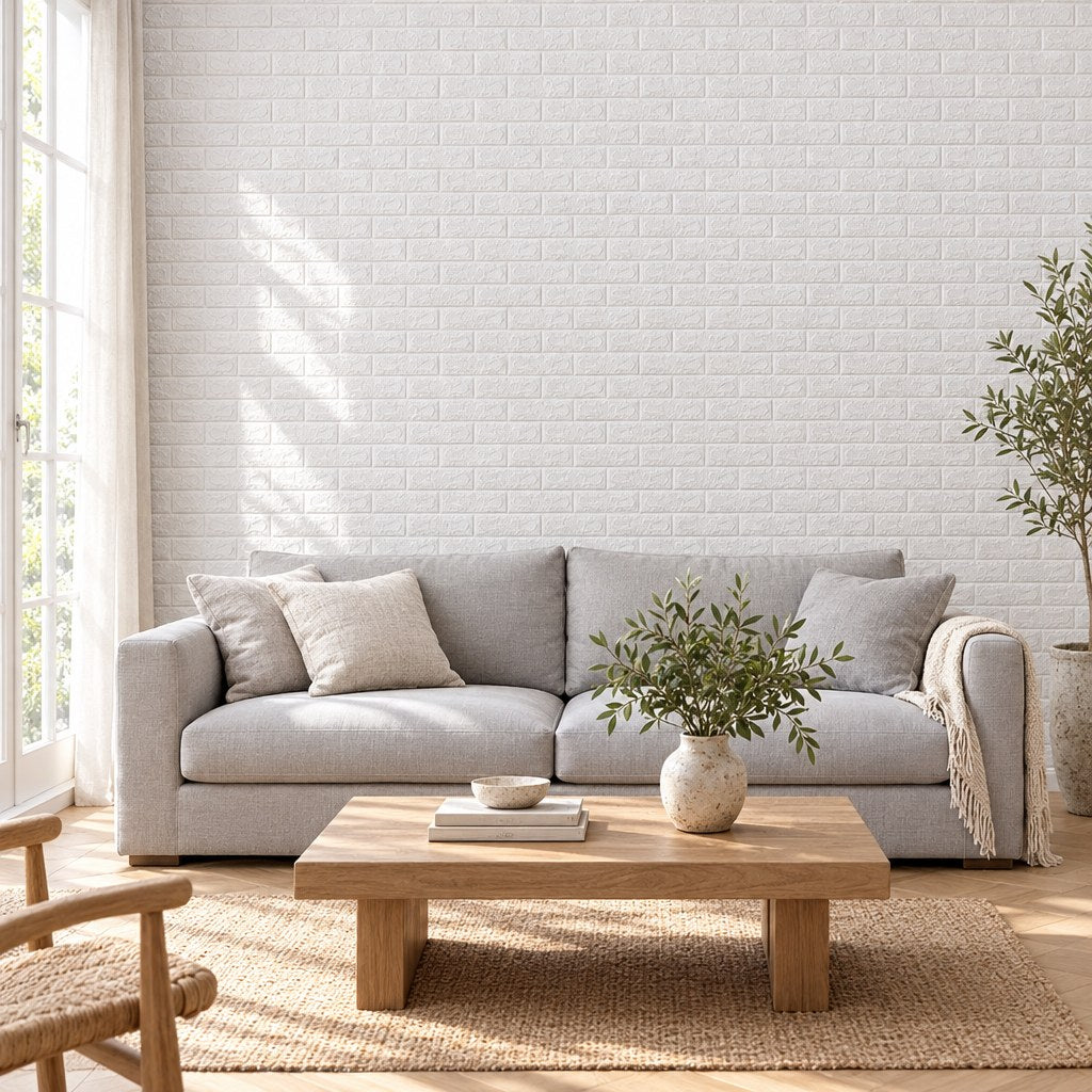 Panneaux muraux 3D effet brique coloris blanc posés sur un mur de salon