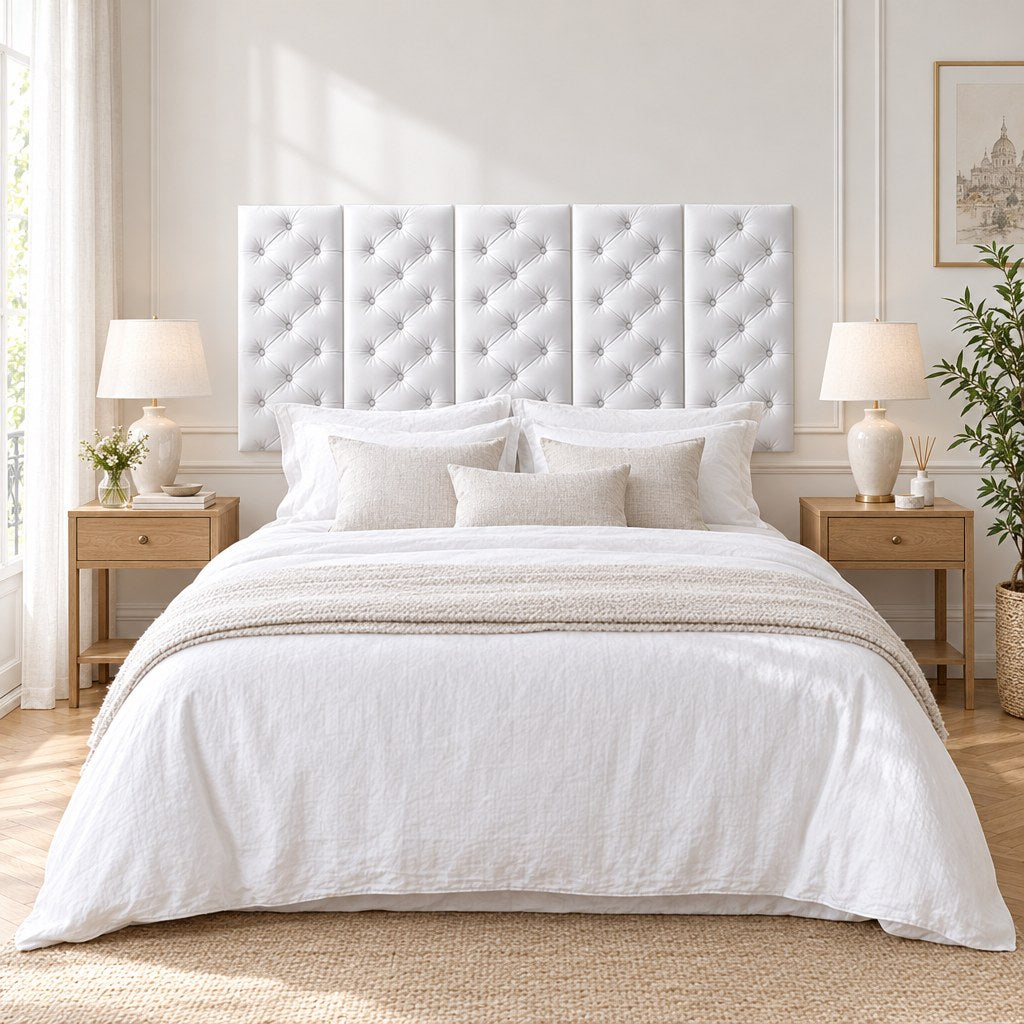 Tête de lit en panneaux muraux capitonnés blancs derrière un lit double