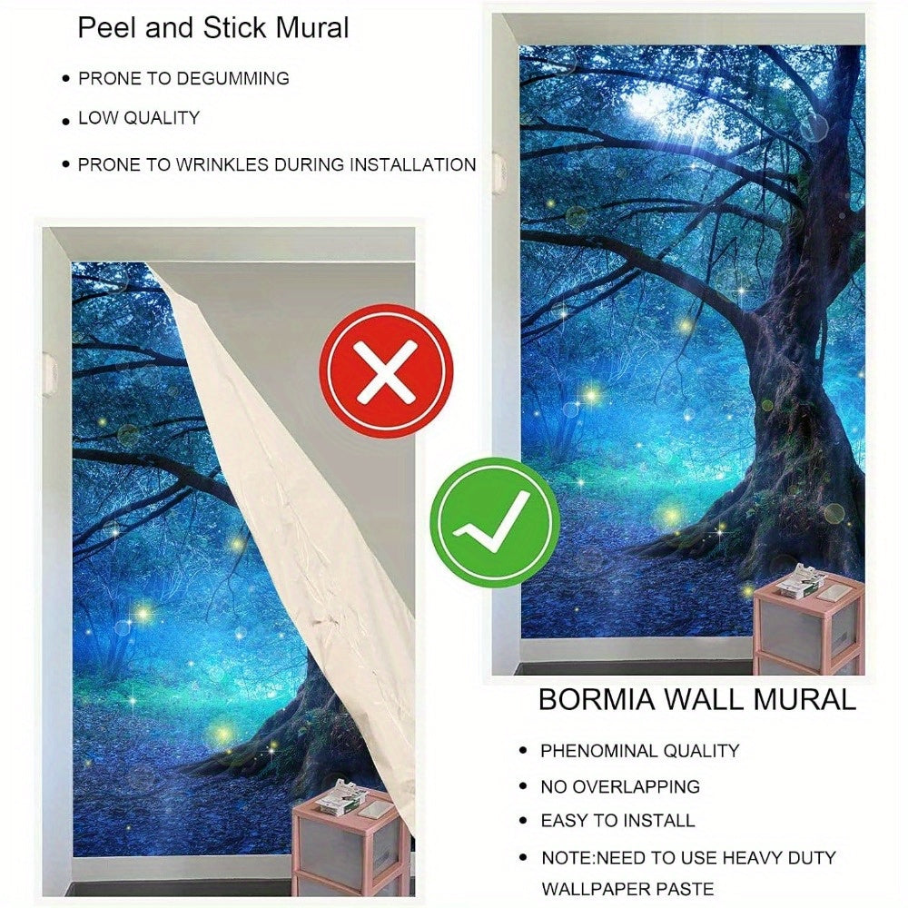 Papier peint panoramique arbre féérique en forêt bleu nuit