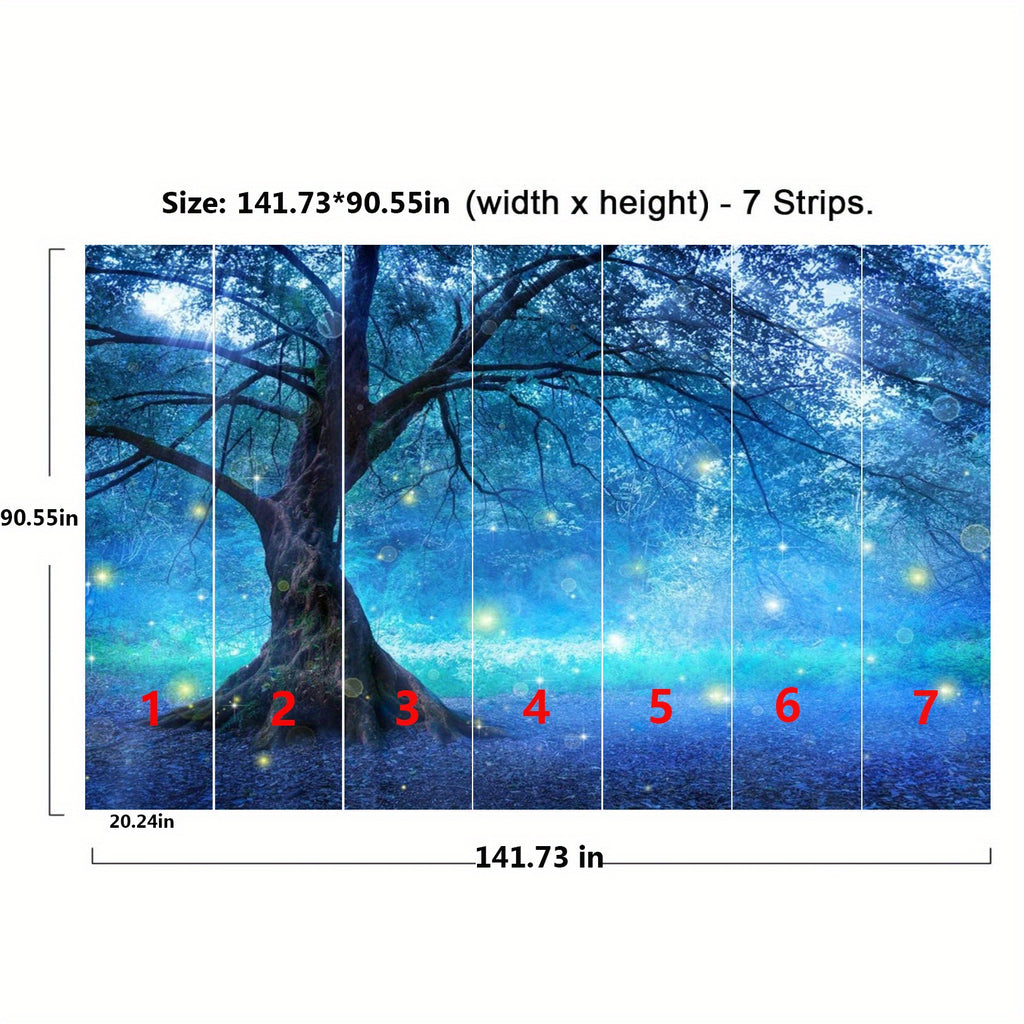 Papier peint panoramique arbre féérique en forêt bleu nuit