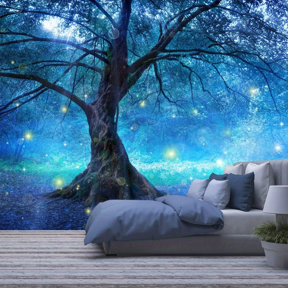 Papier peint panoramique arbre féérique en forêt bleu nuit