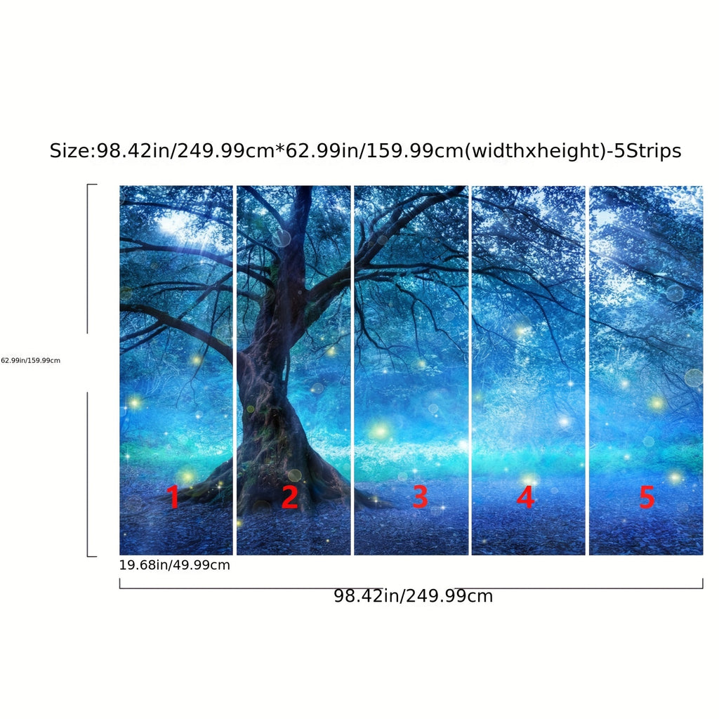 Papier peint panoramique arbre féérique en forêt bleu nuit