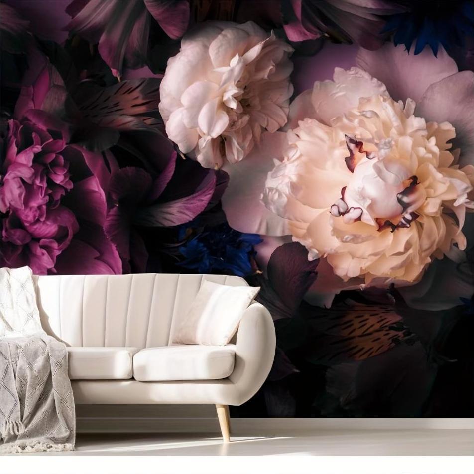 Papier peint panoramique pivoines sur fond noir, 495x305 cm