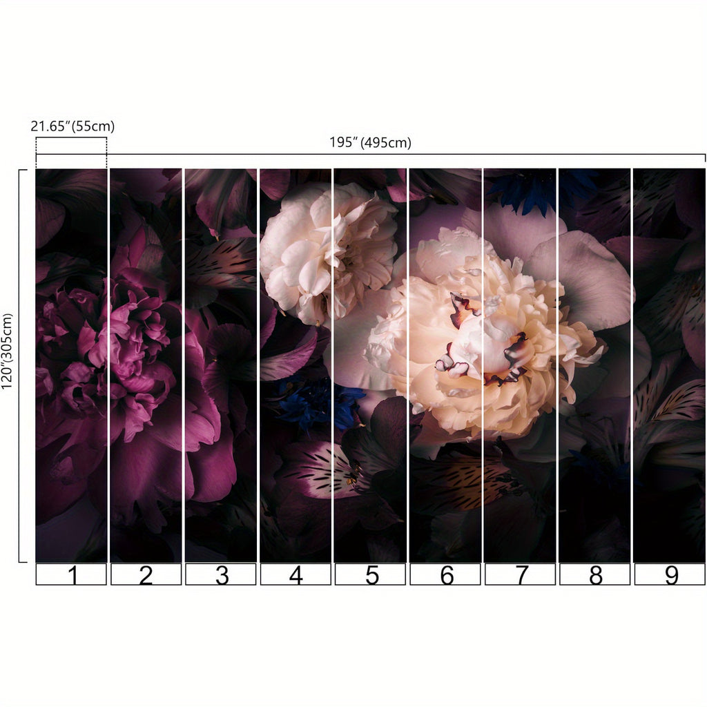 Papier peint panoramique pivoines sur fond noir, 495x305 cm
