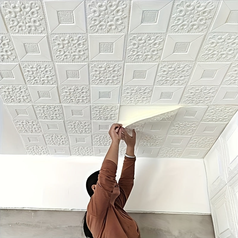 Papier peint 3D blanc damassé, lot de 50 dalles de plafond