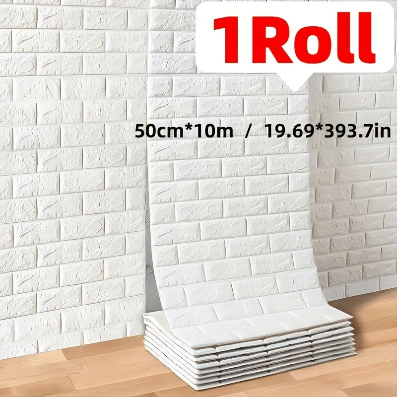 Papier peint adhésif brique blanche 3D, rouleau 10 mètres