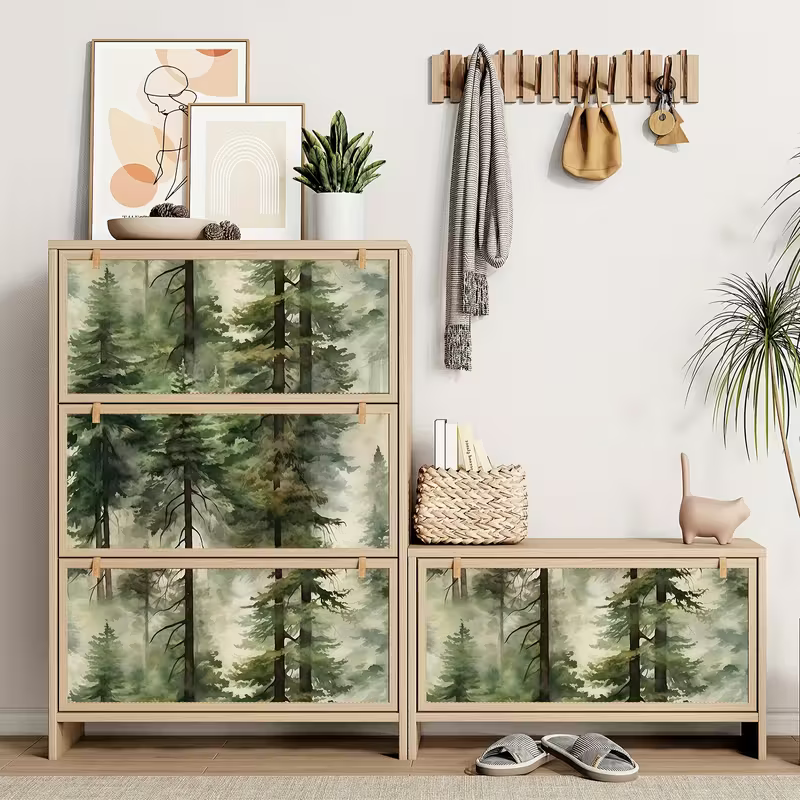 Papier peint adhésif forêt, sapins aquarelle pour le salon