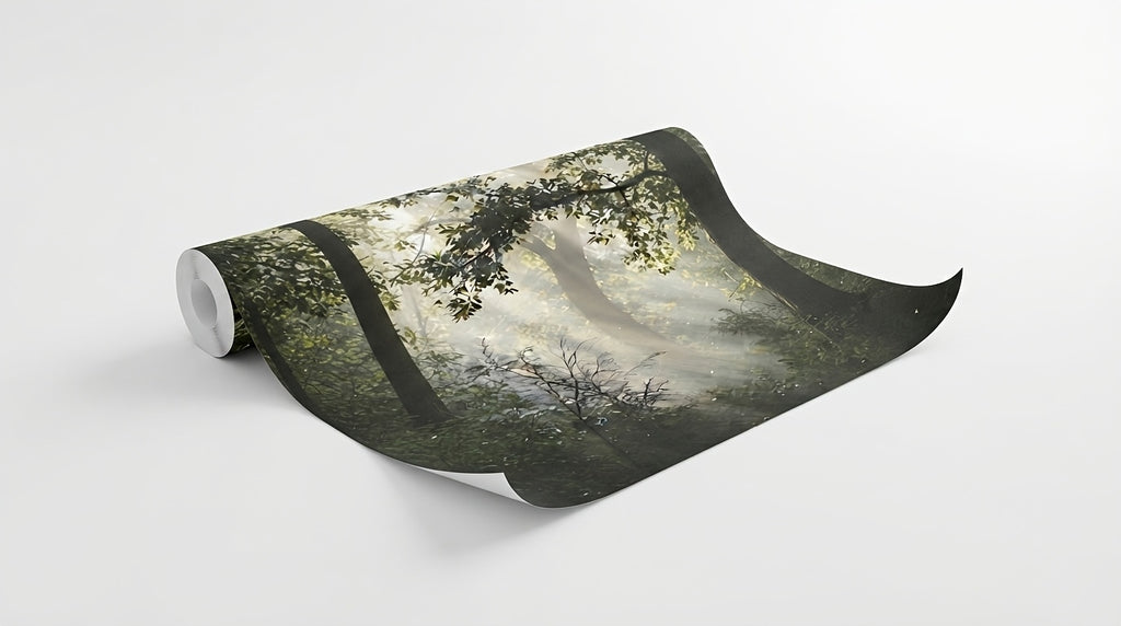 Papier peint adhésif forêt brumeuse et rayons de soleil