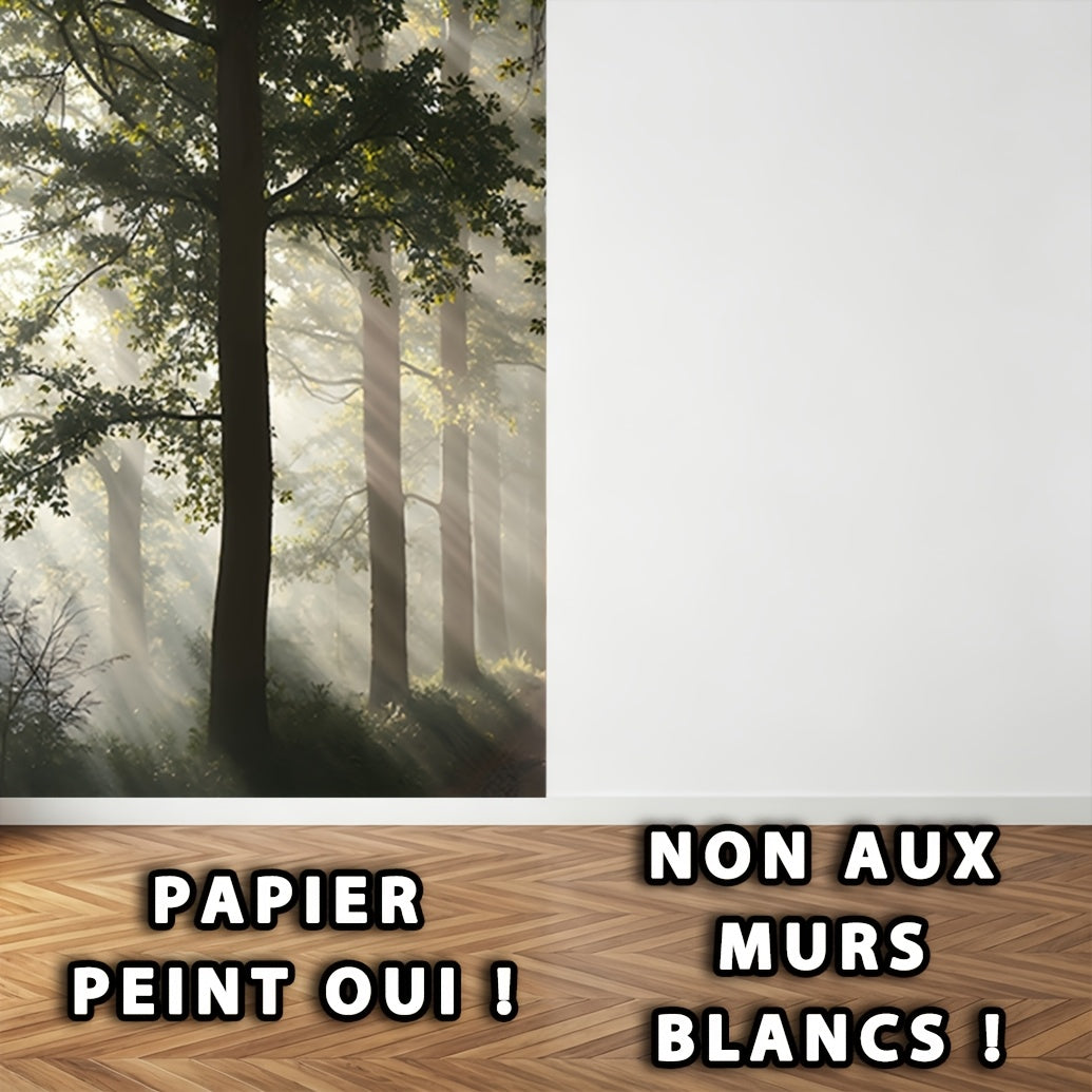 Papier peint adhésif forêt brumeuse et rayons de soleil