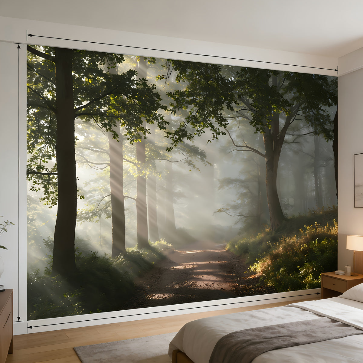 Papier peint adhésif forêt brumeuse et rayons de soleil