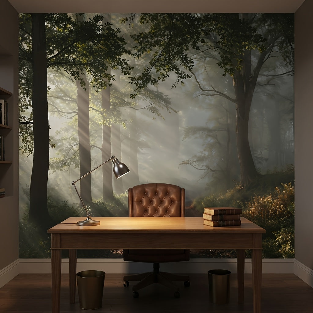 Papier peint adhésif forêt brumeuse et rayons de soleil