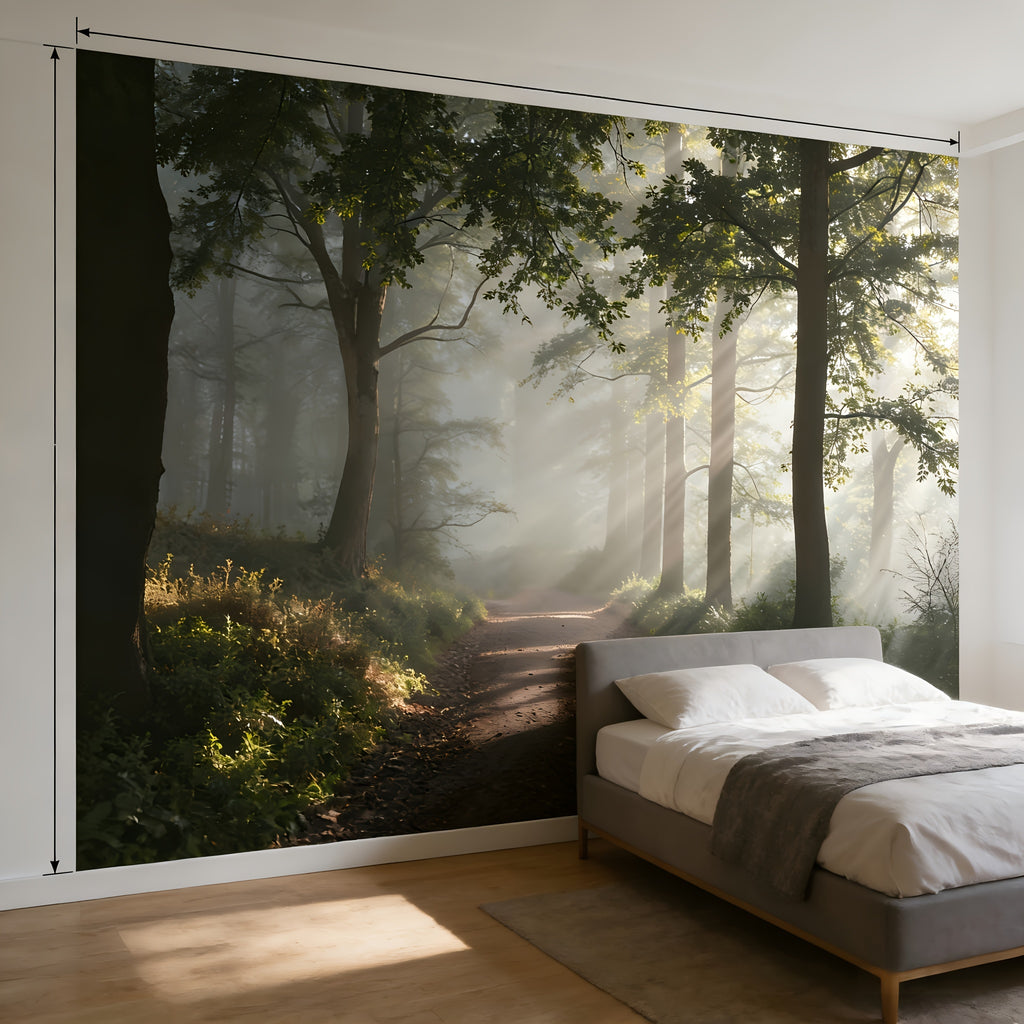 Papier peint adhésif forêt brumeuse et rayons de soleil