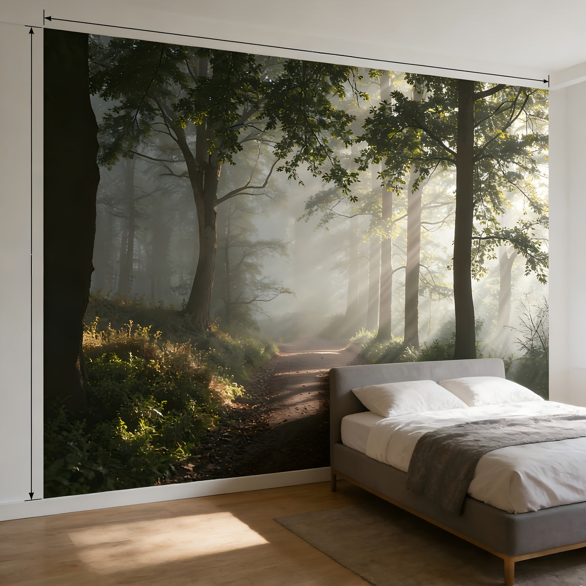 Papier peint adhésif forêt brumeuse et rayons de soleil