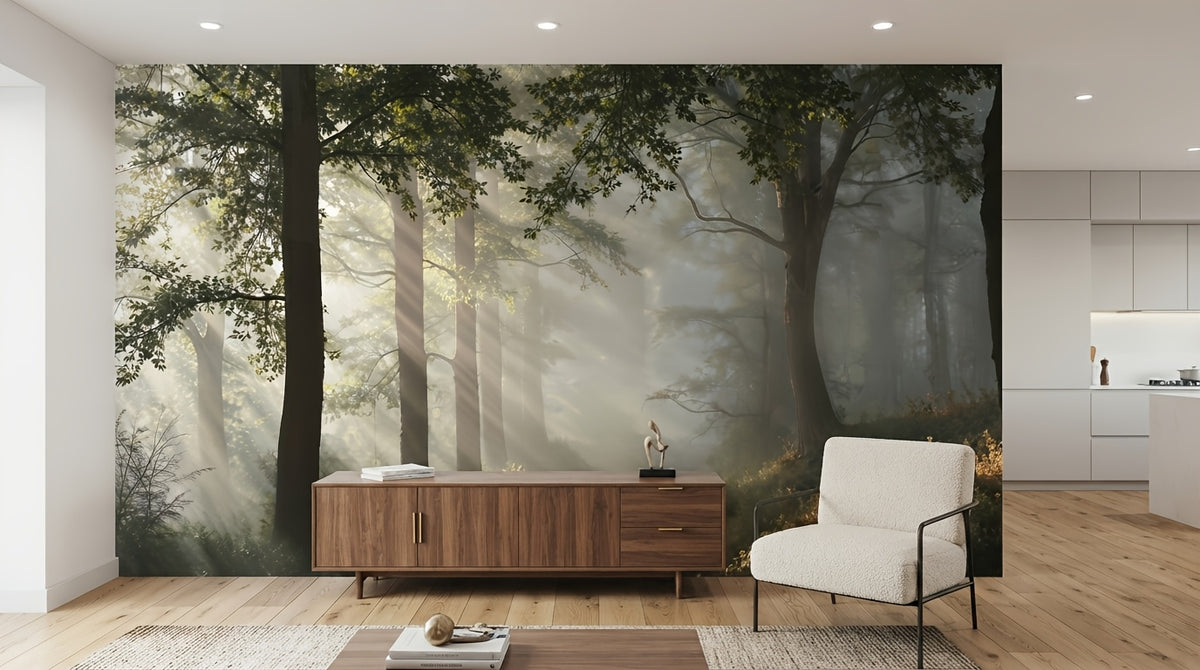Papier peint adhésif forêt brumeuse et rayons de soleil