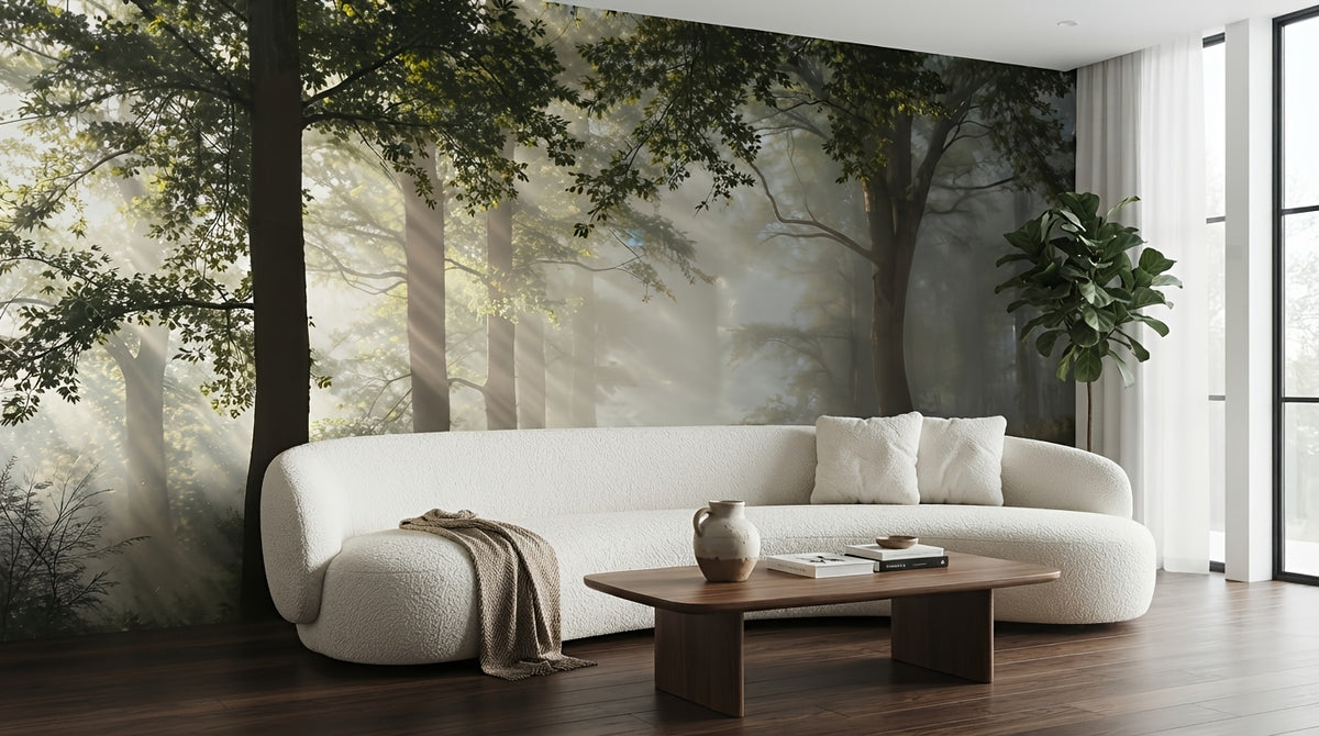 Papier peint adhésif forêt brumeuse et rayons de soleil