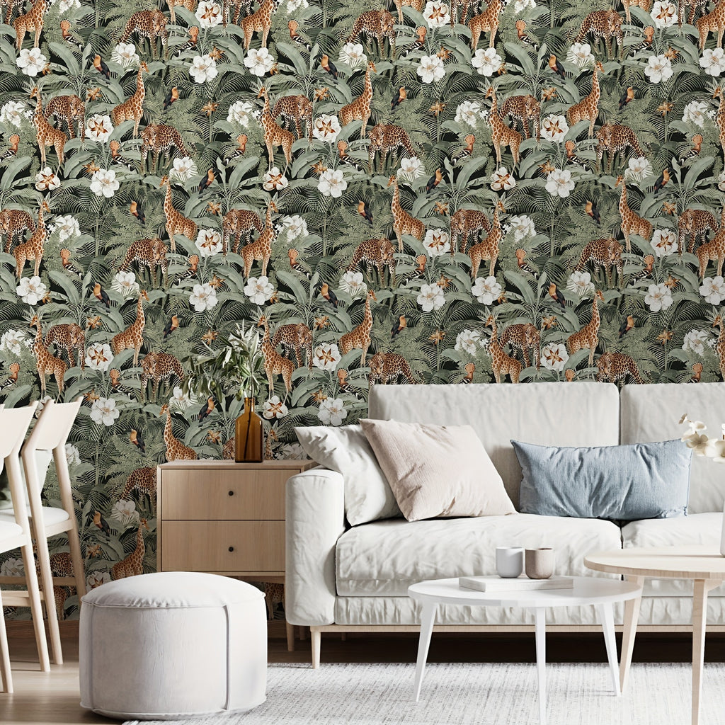 Papier peint adhésif jungle vert sauge, girafes et toucans