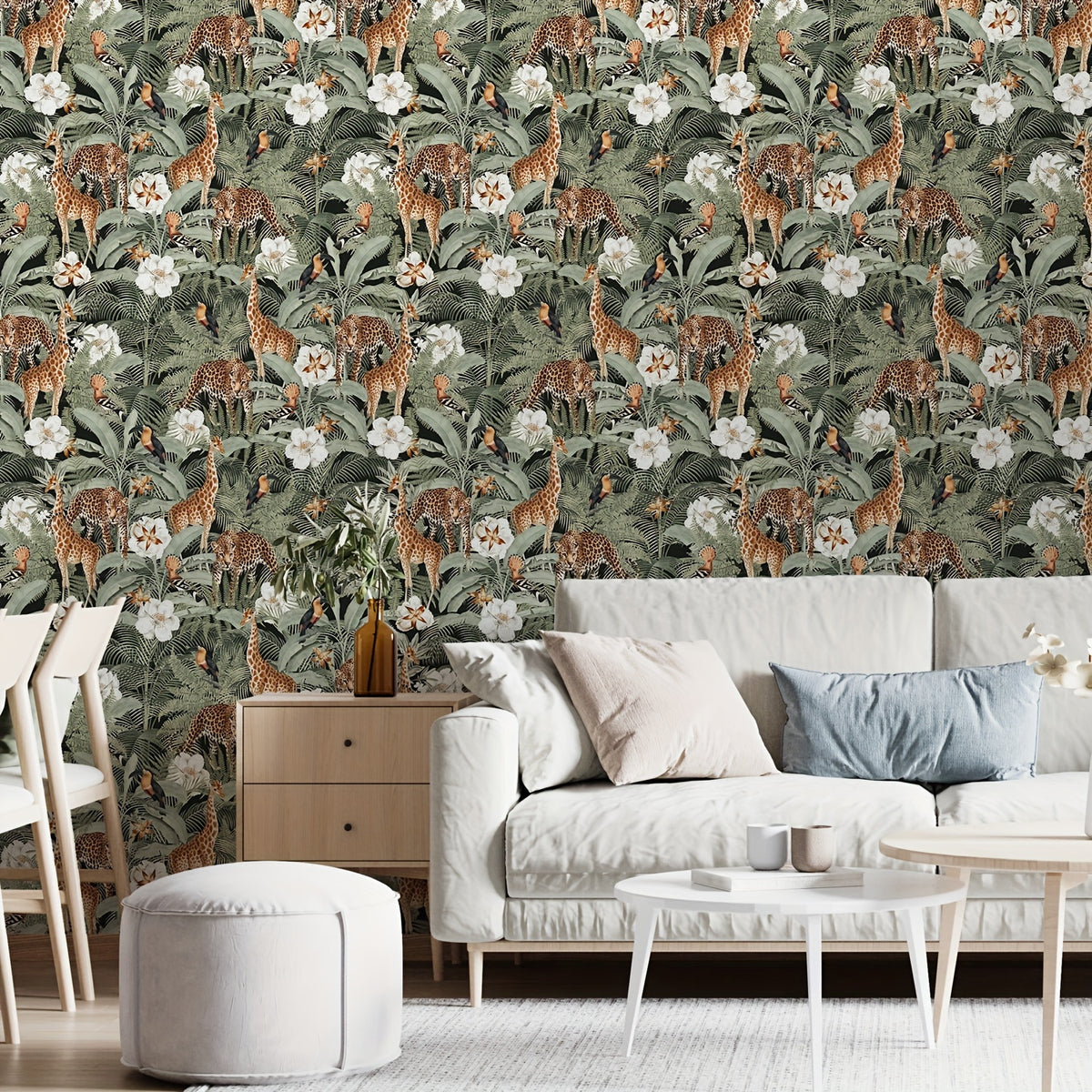 Papier peint adhésif jungle vert sauge, girafes et toucans