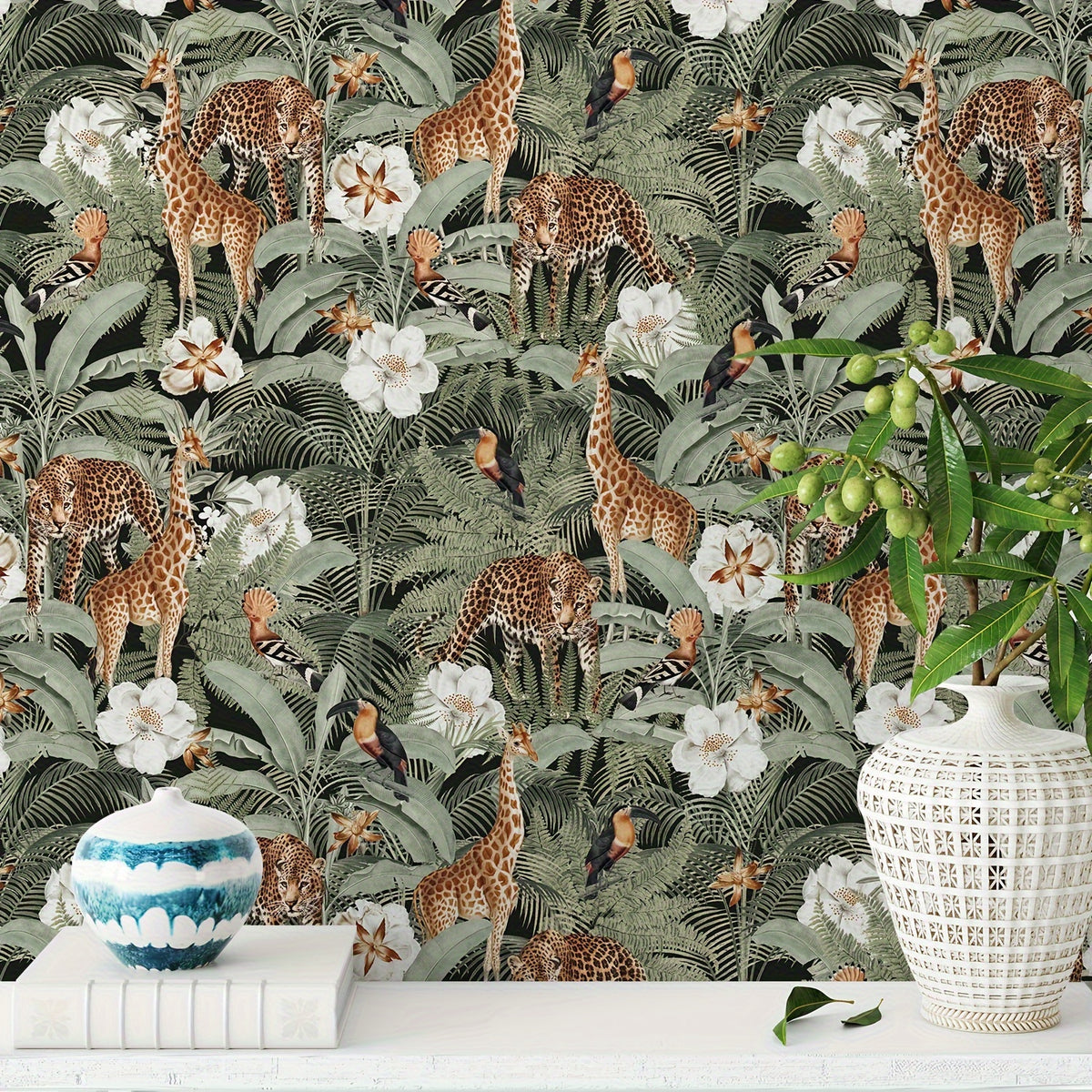 Papier peint adhésif jungle vert sauge, girafes et toucans